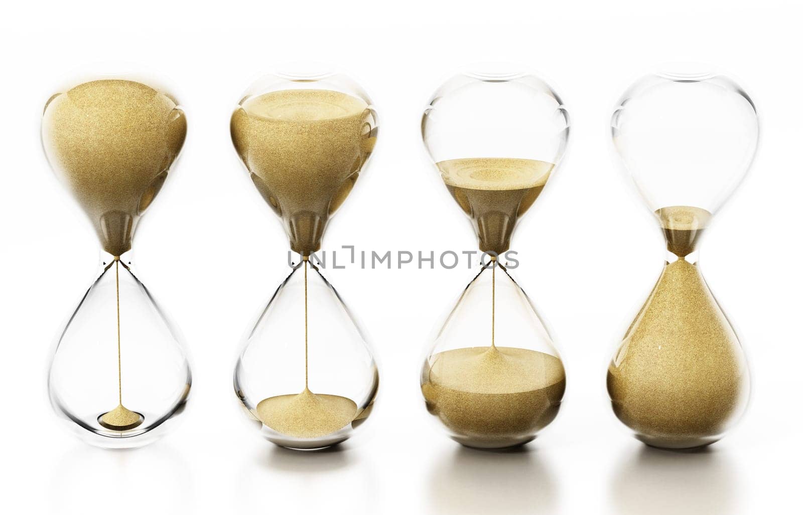 Row of hourglasses isolated on white background. 3D illustration.