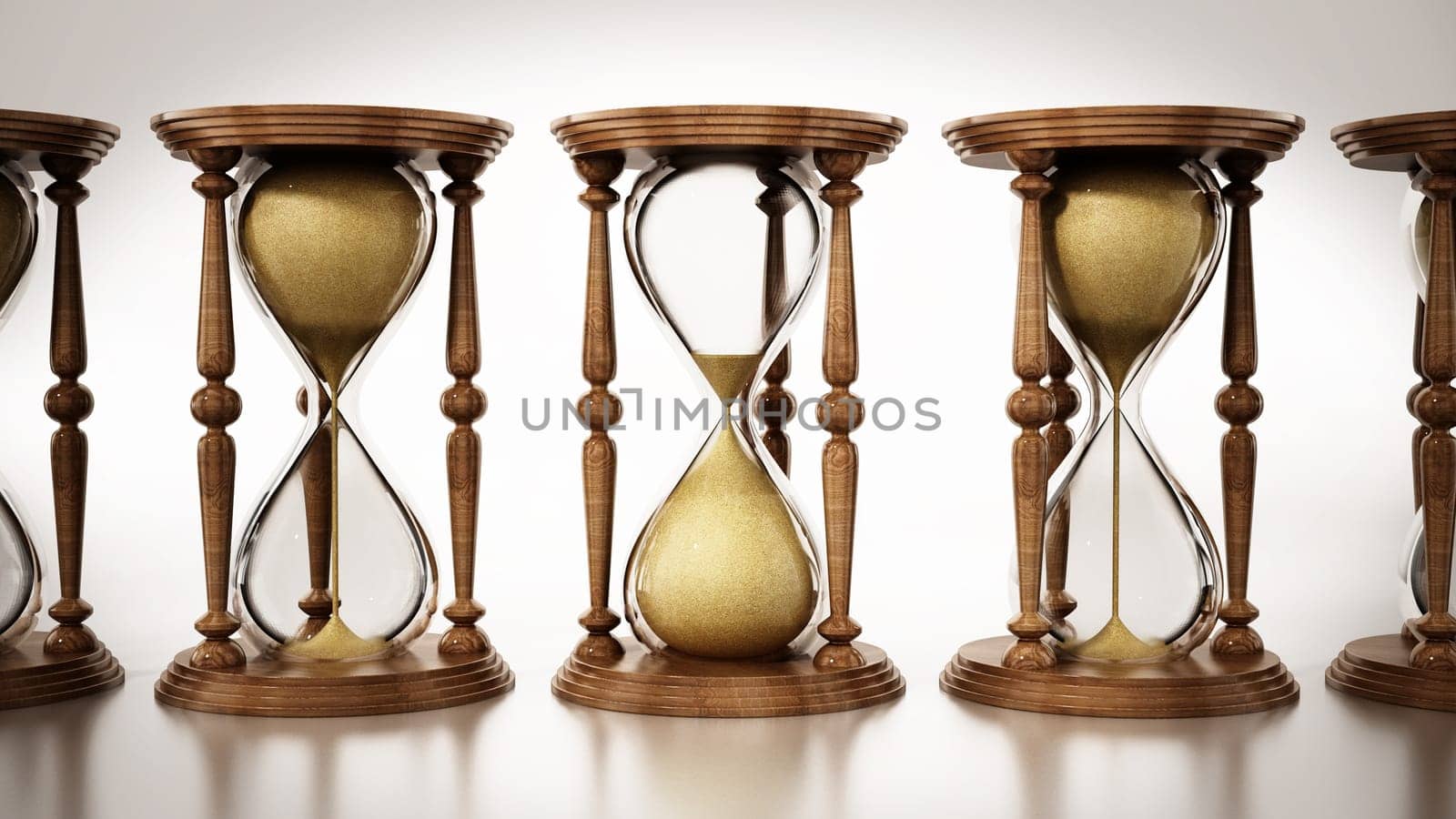 Row of hourglasses isolated on white background. 3D illustration.