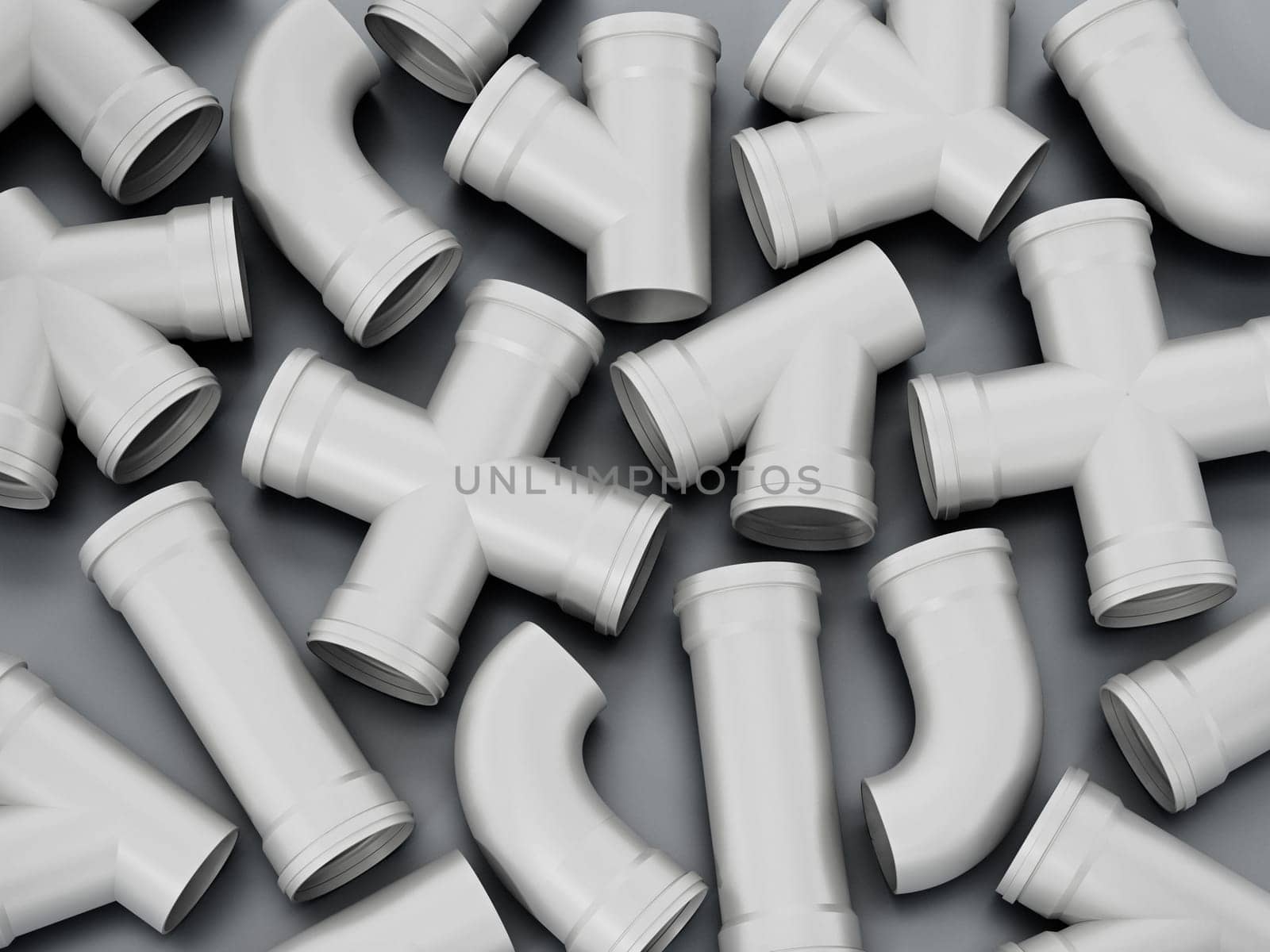 PVC water tube connection parts on gray background. 3D illustration.