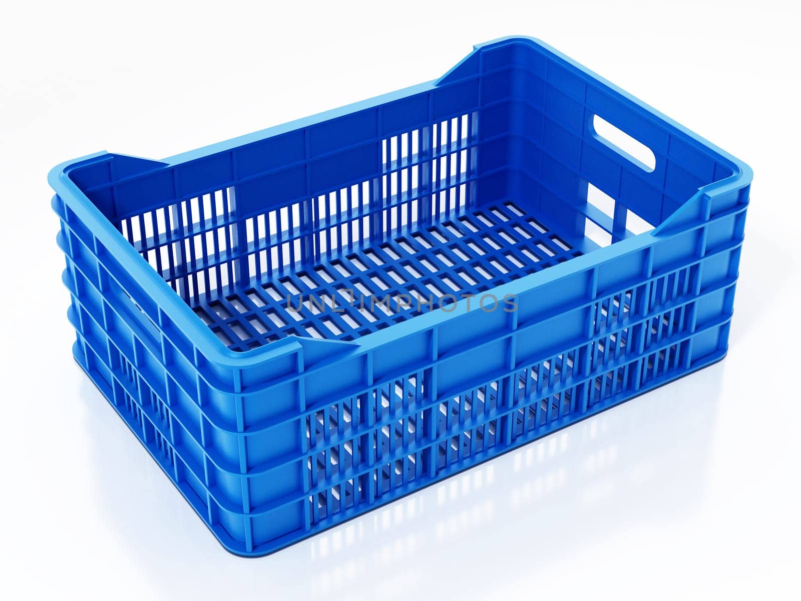 Blue fruit crate isolated on white background. 3D illustration.