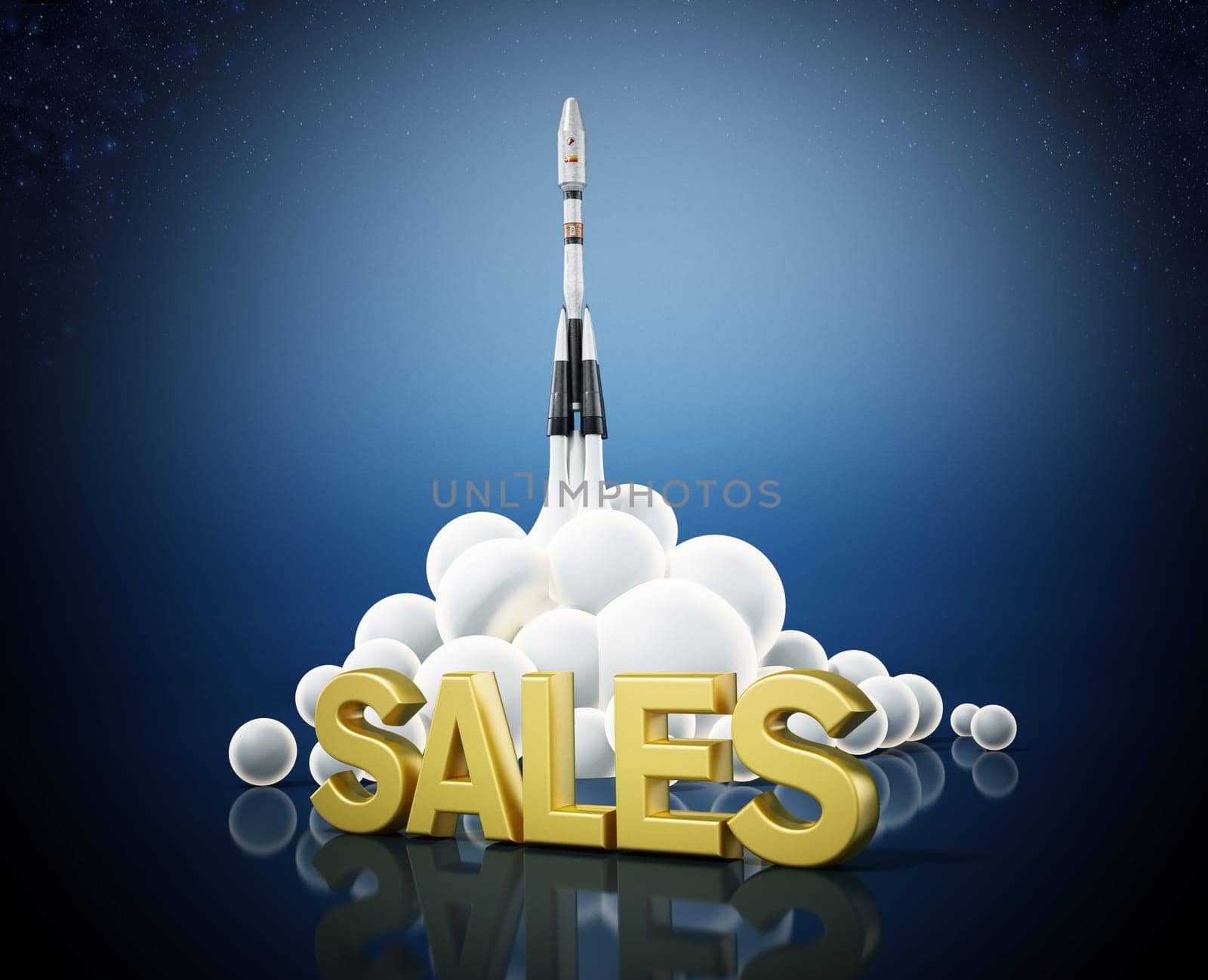Sales text standing in front of a launching rocket. Business and success concept. 3D illustration.