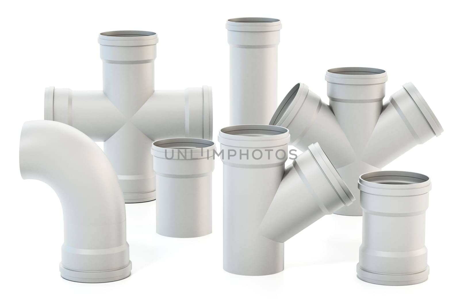PVC water tube connection parts isolated on white background. 3D illustration.
