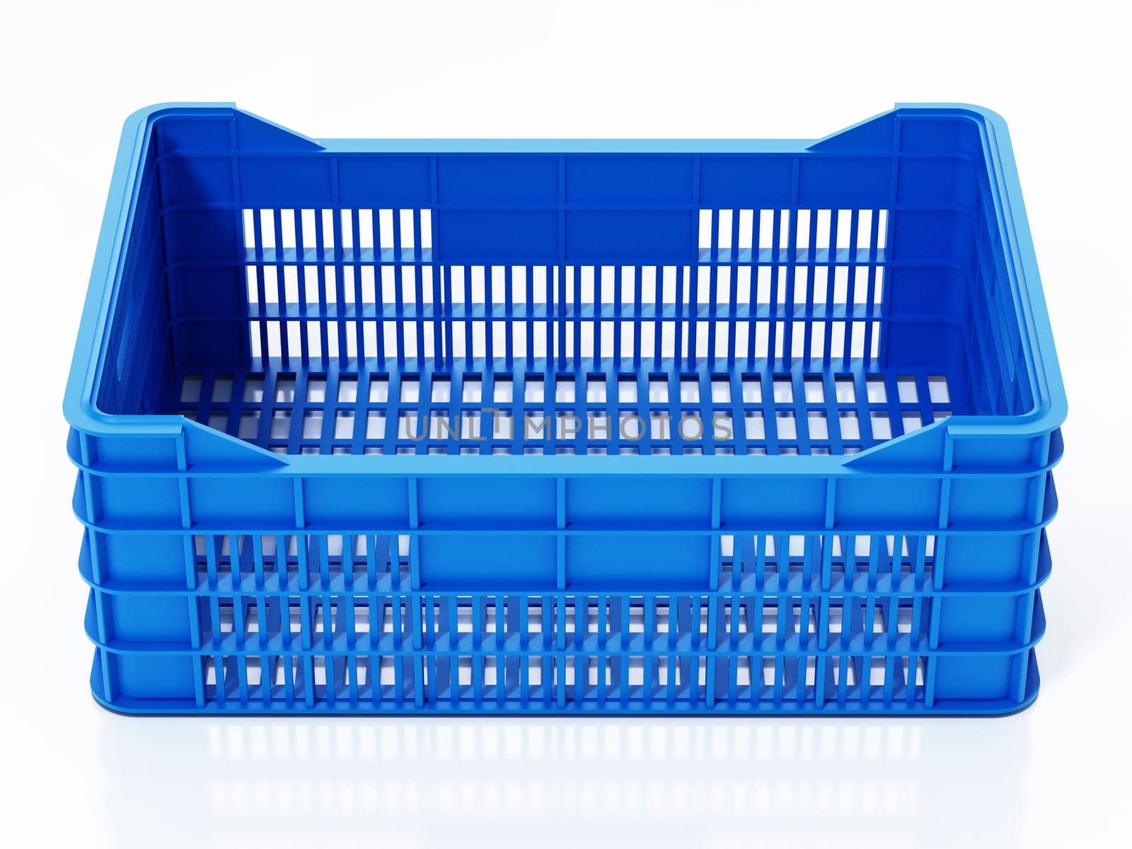 Blue fruit crate isolated on white background. 3D illustration.