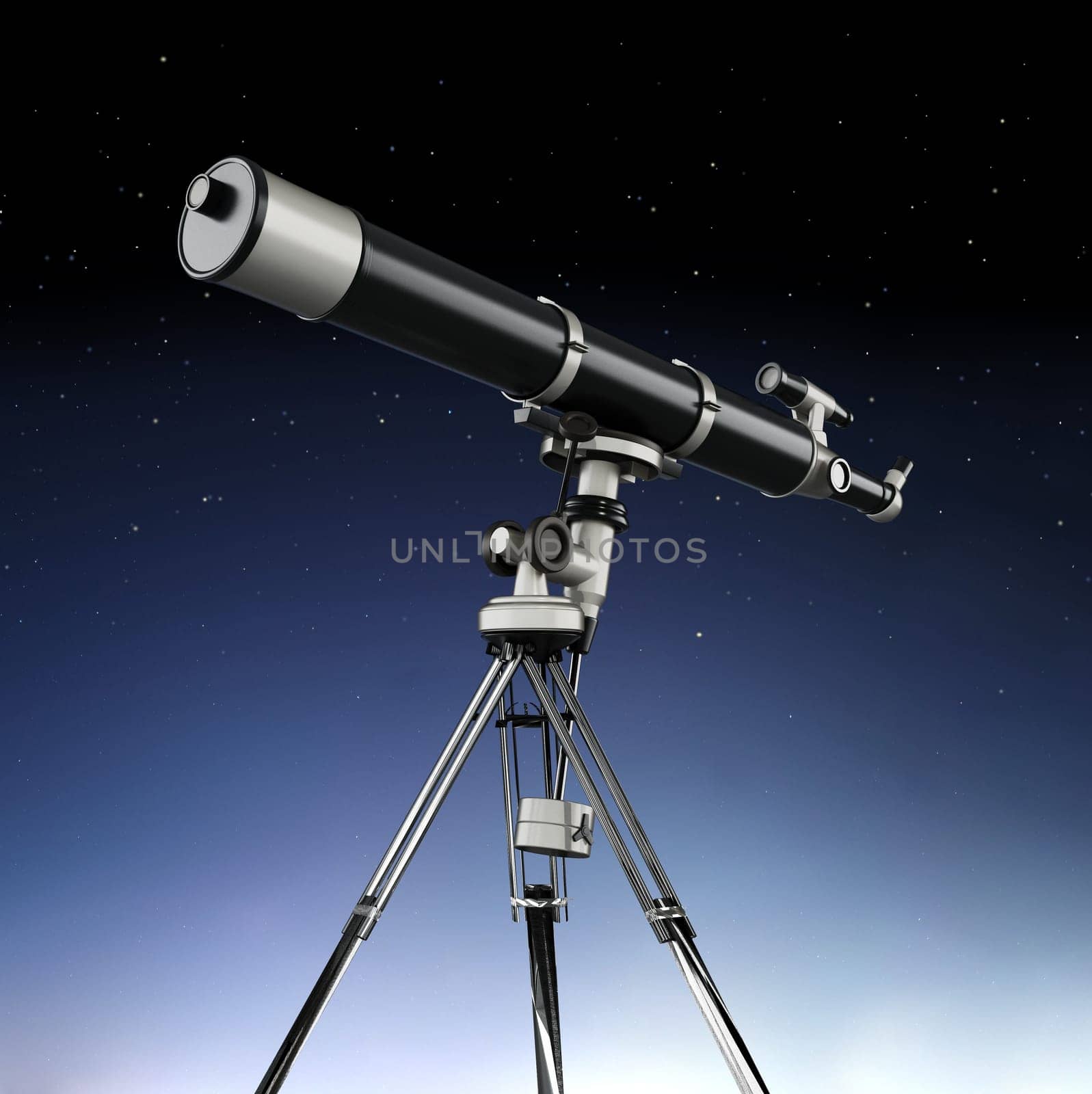 Telescope aimed at the sky on night background. 3D illustration.