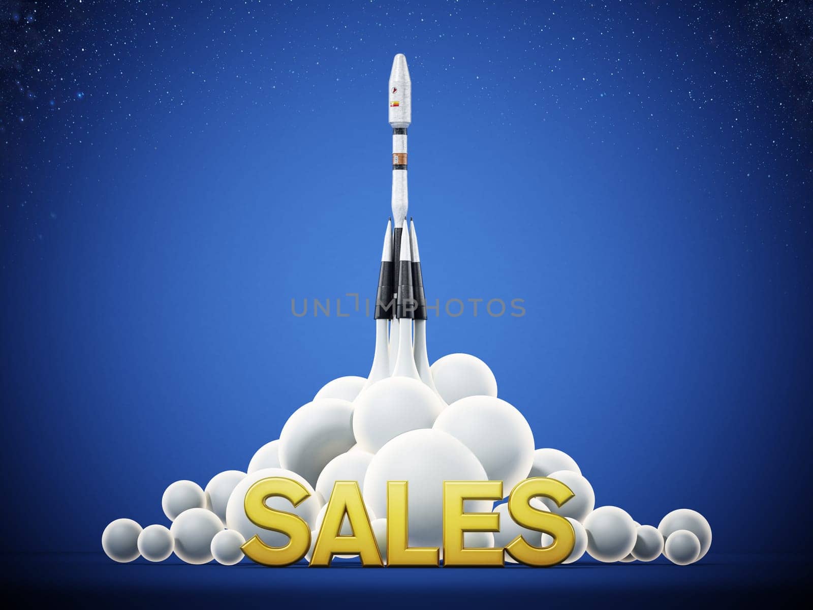 Sales text standing in front of a launching rocket. Business and success concept. 3D illustration.