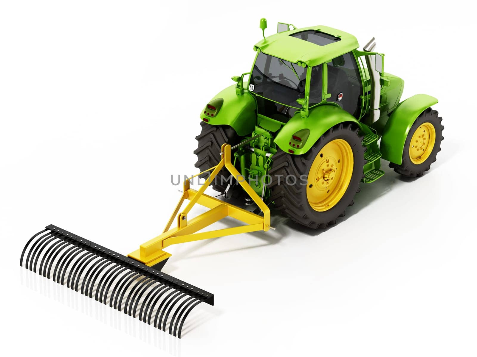 Green tractor with attached farming tool isolated on white background. 3D illustration.