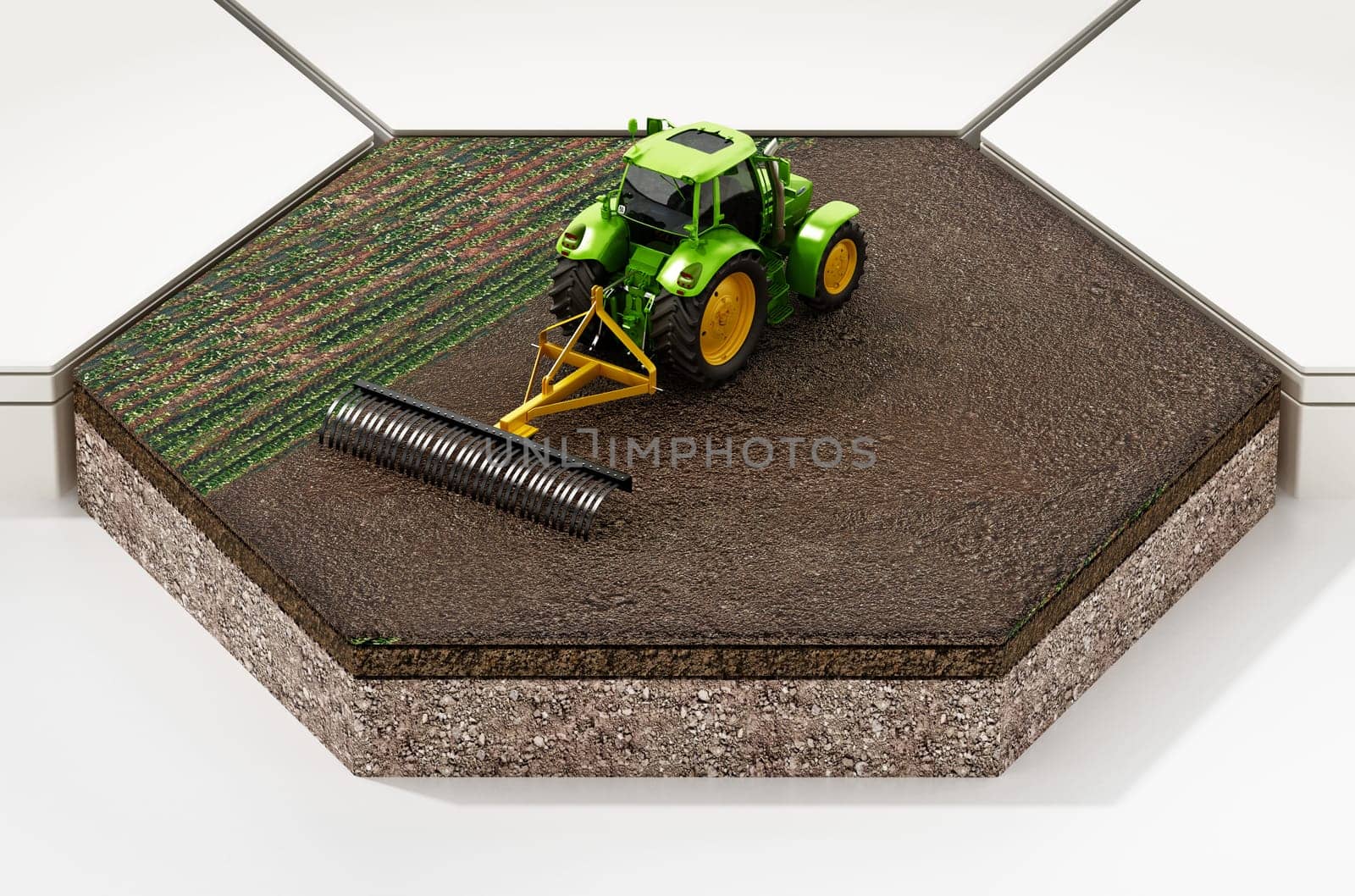Green tractor on the field isolated on white background. 3D illustration.