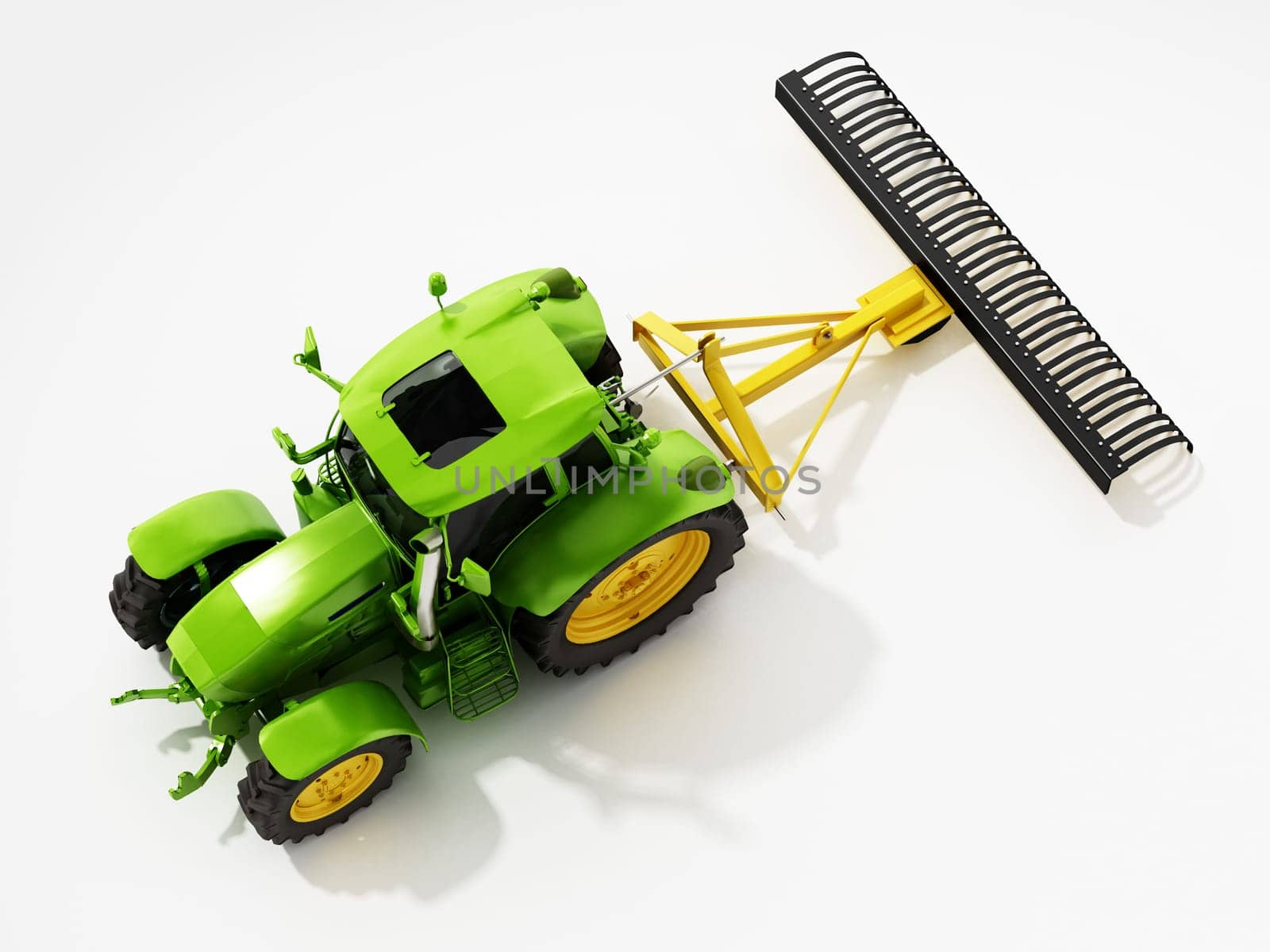 Green tractor with attached farming tool isolated on white background. 3D illustration.