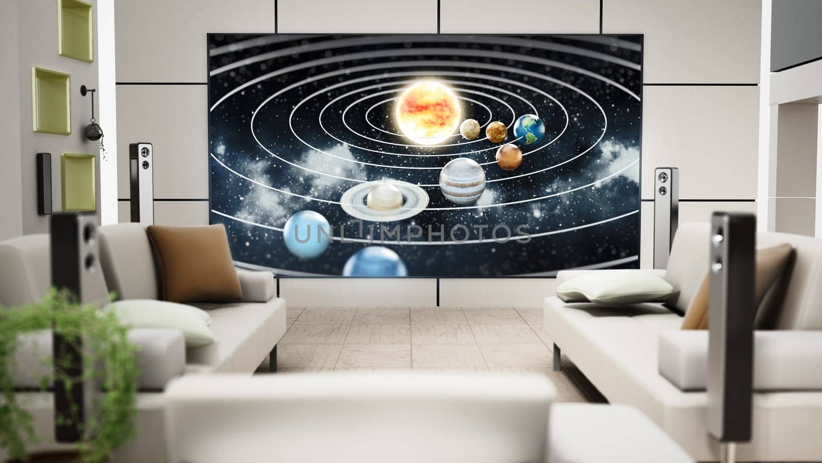 Big screen 8K tv hanging on the wall of a modern room. 3D illustration..