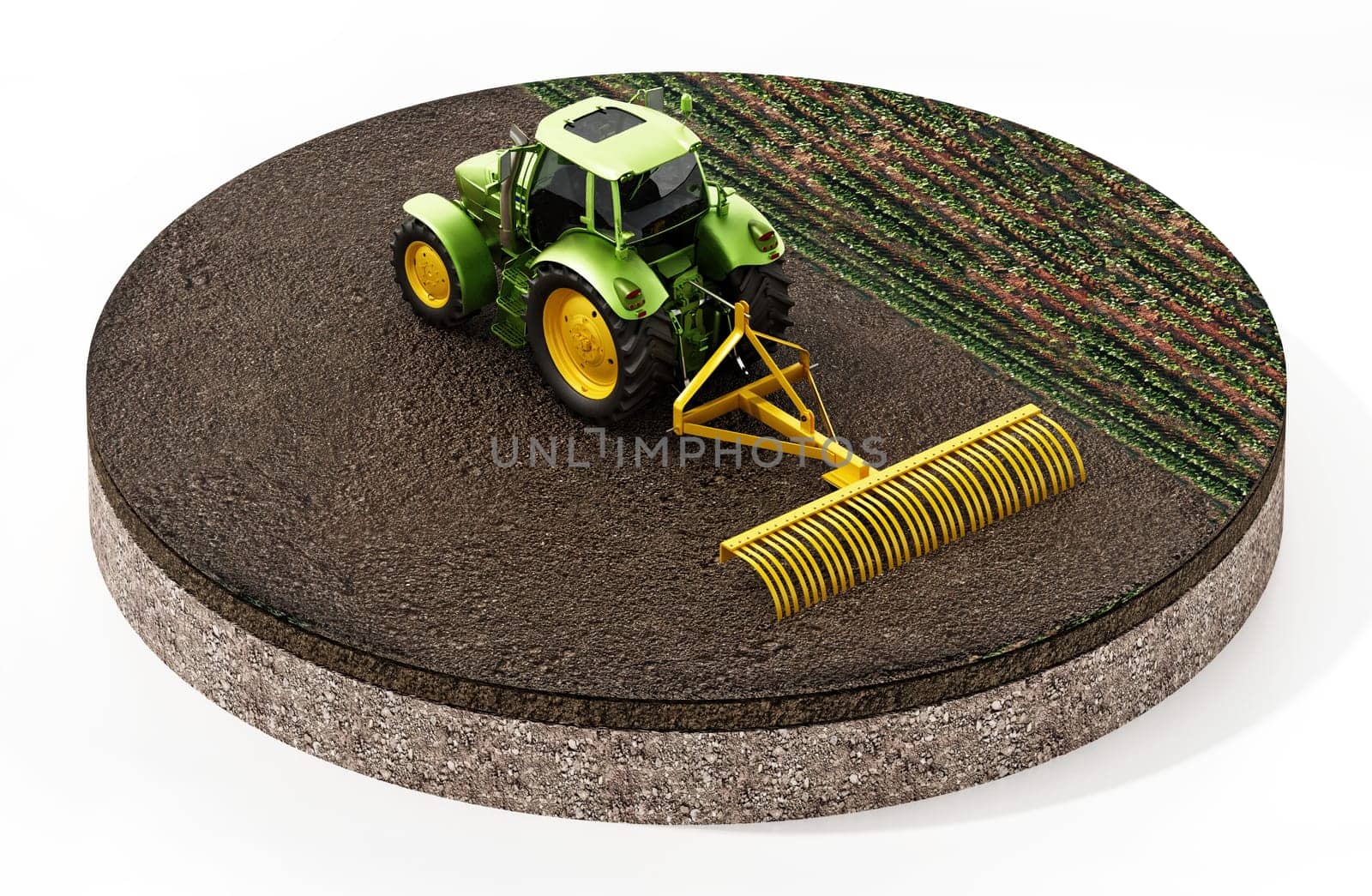 Green tractor on the field isolated on white background. 3D illustration.