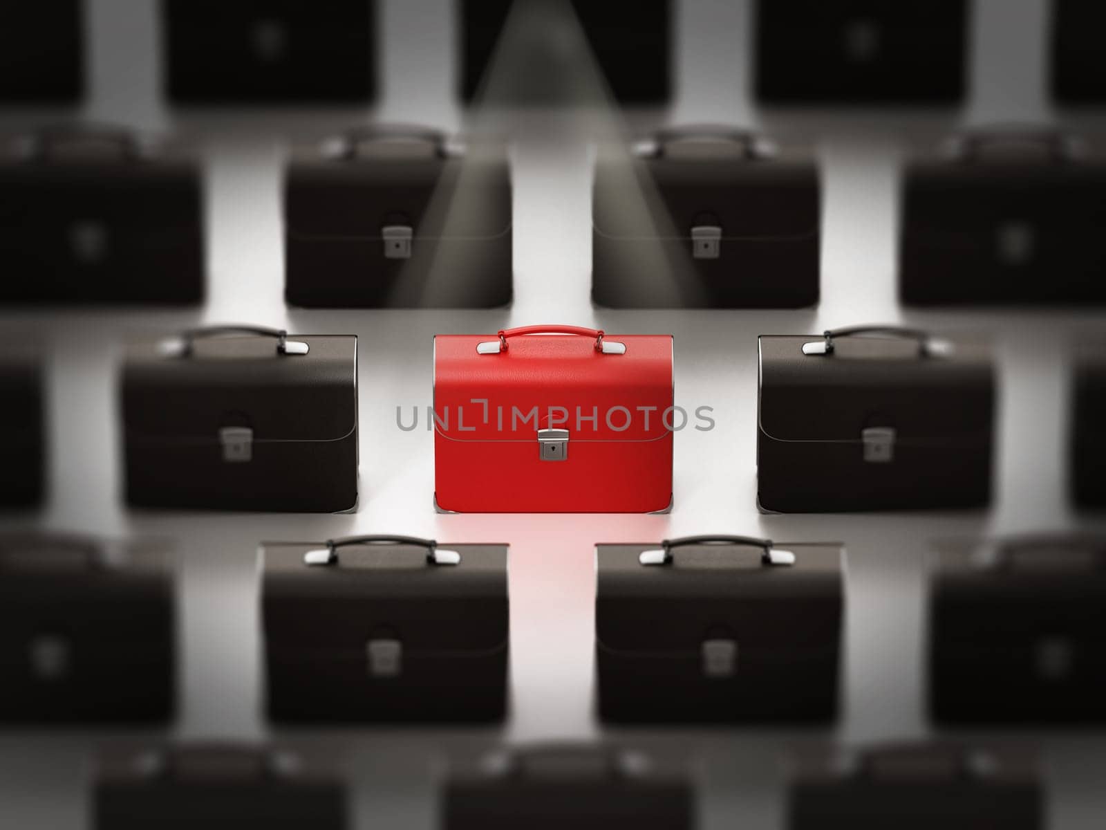 Leather red briefcase standing out among black briefcases. 3D illustration.
