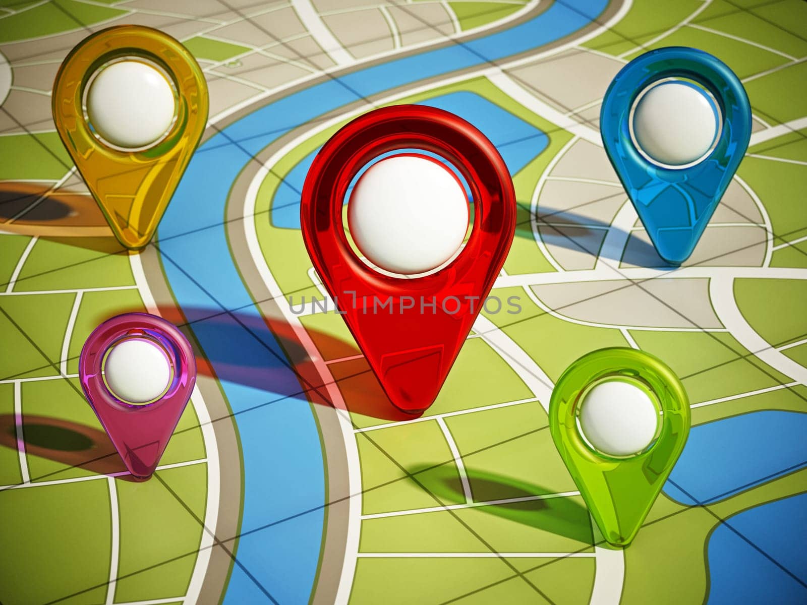 City map with colored GPS markers. 3D illustration.