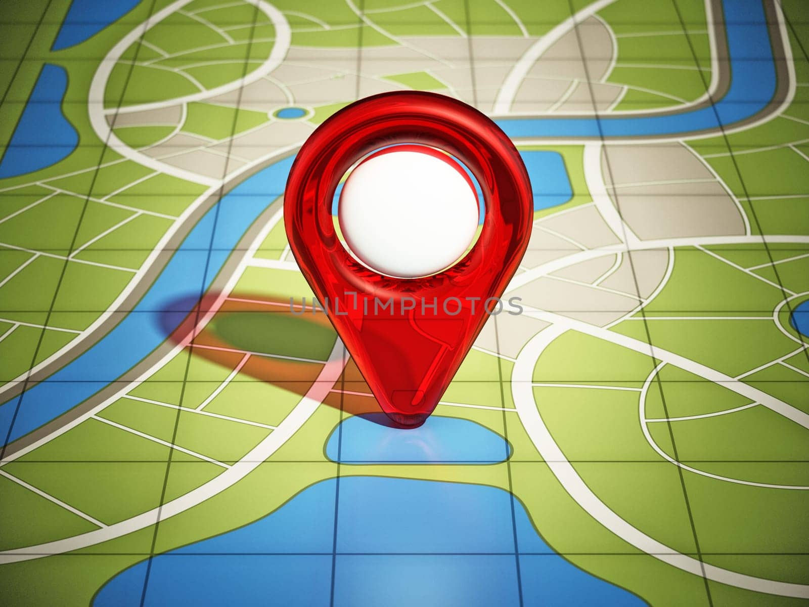 City map with red GPS marker. 3D illustration.