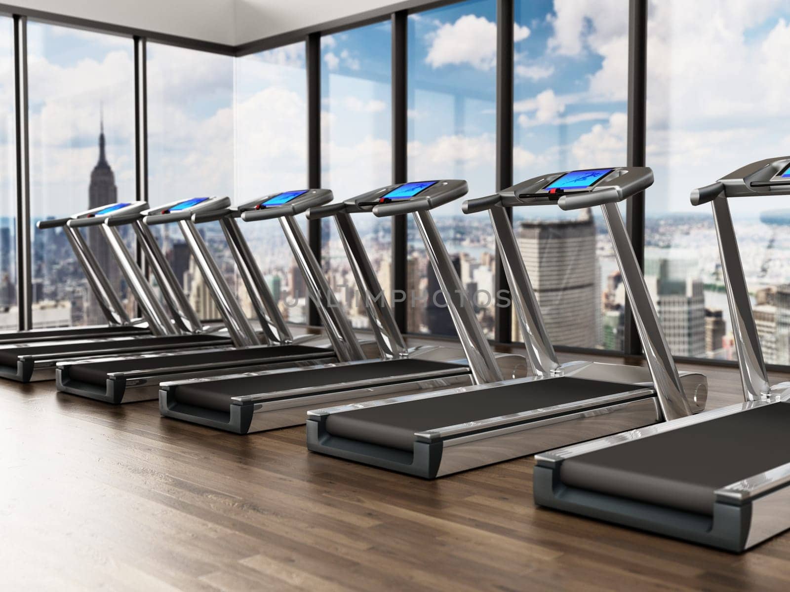Treadmills inside a sports center in upper floors. 3D illustration.