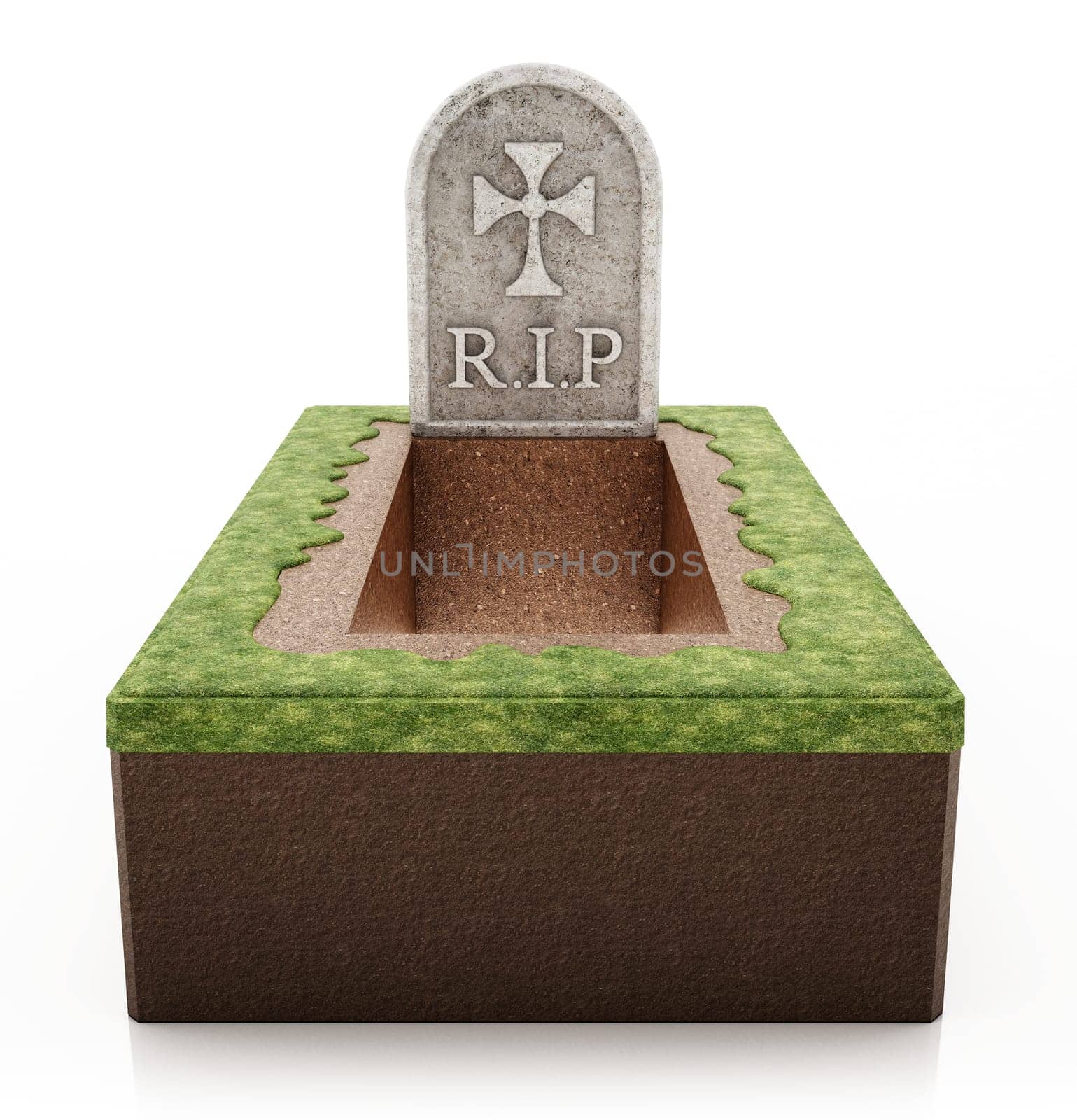 Open grave with gravestone isolated on white background. 3D illustration.