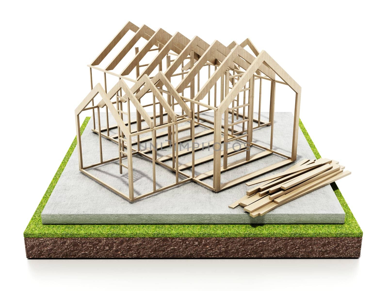 Wooden house structure on concrete base. 3D illustration.