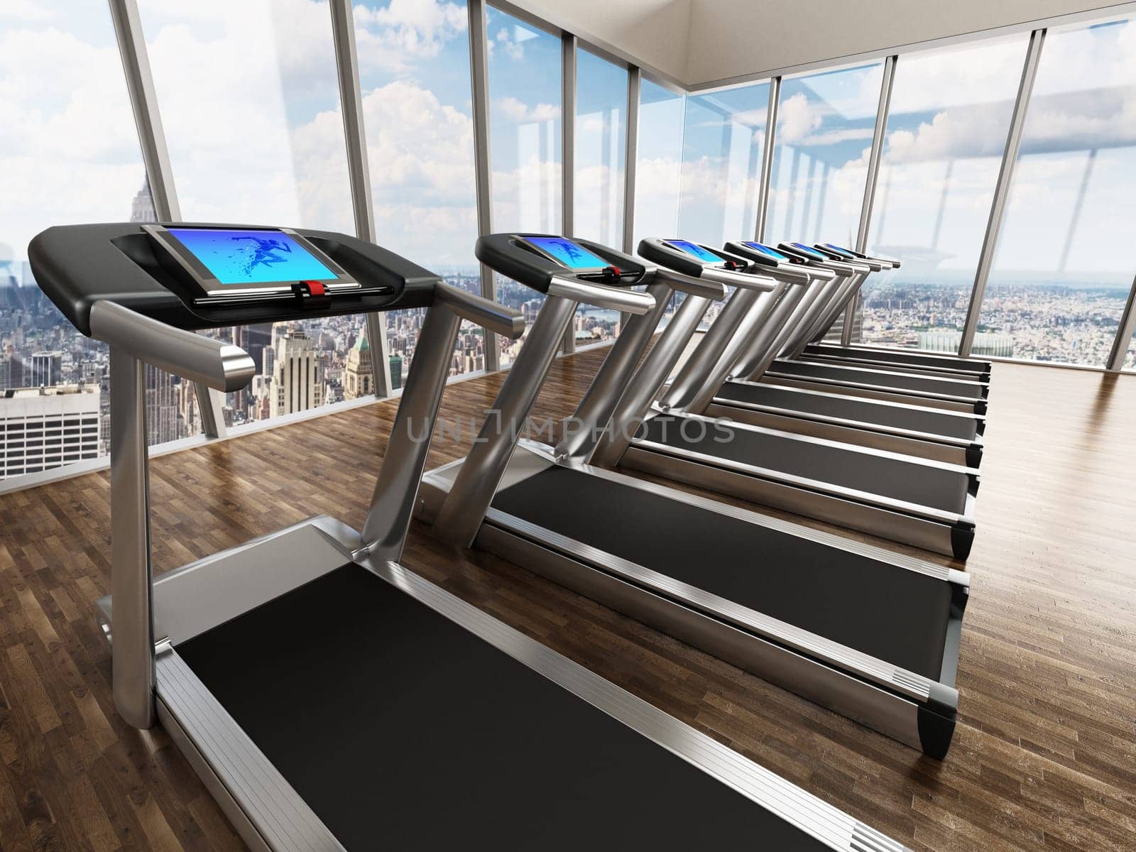 Treadmills inside a sports center in upper floors. 3D illustration.