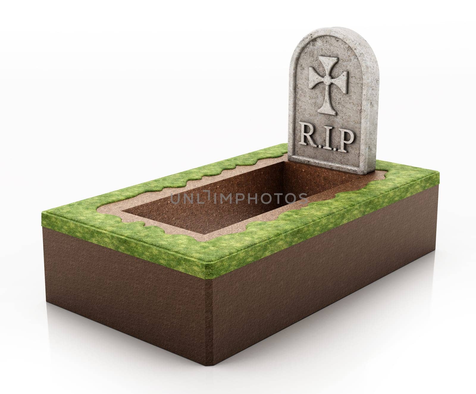 Open grave with gravestone isolated on white background. 3D illustration.