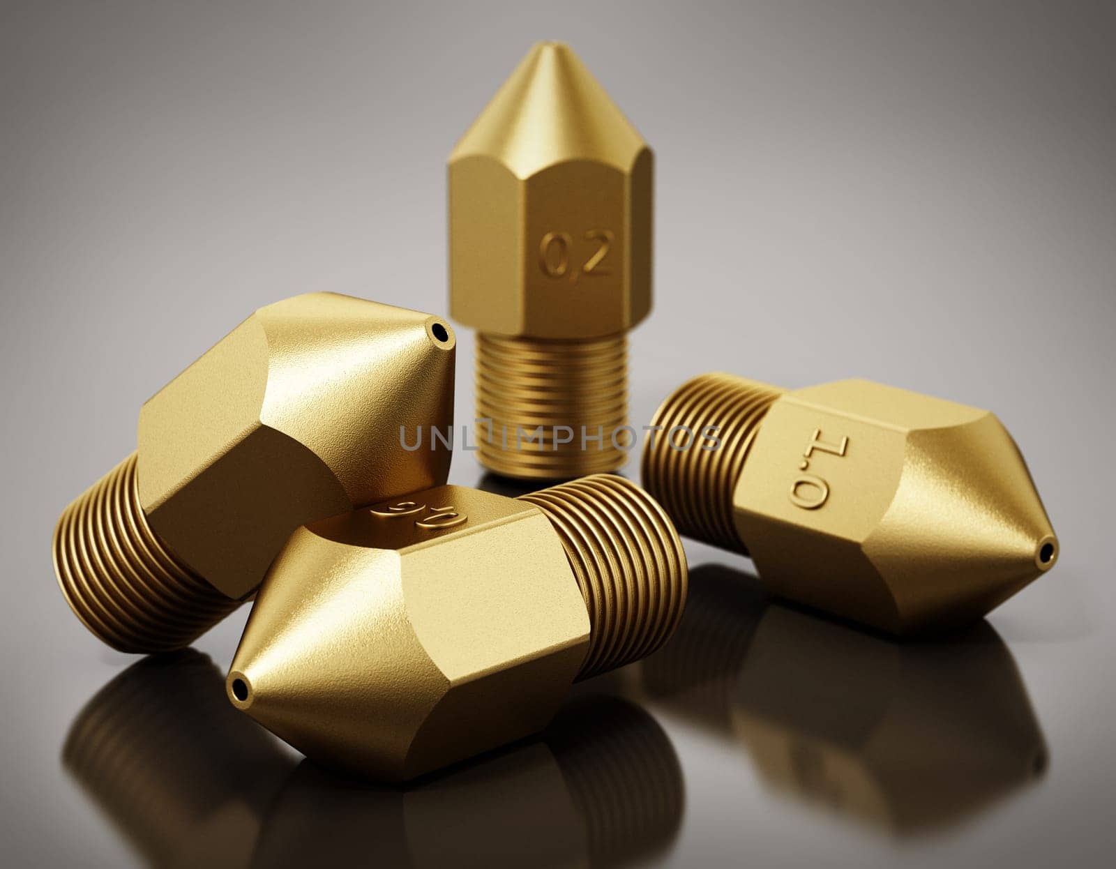 Brass 3D printer nozzles isolated on gray background. 3D illustration.