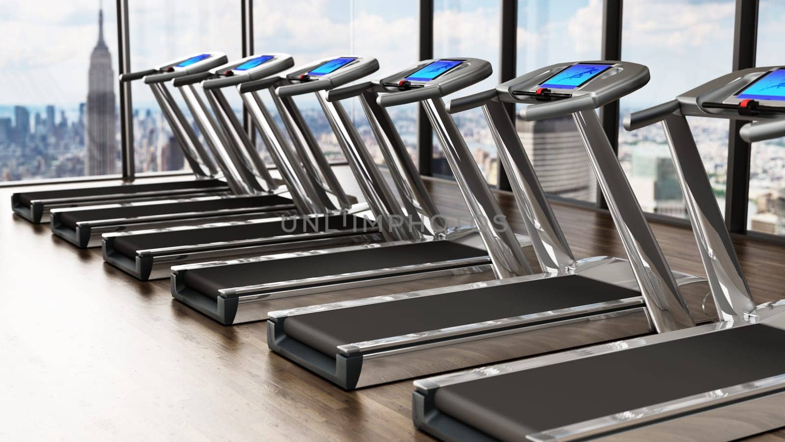Treadmills inside a sports center in upper floors. 3D illustration.
