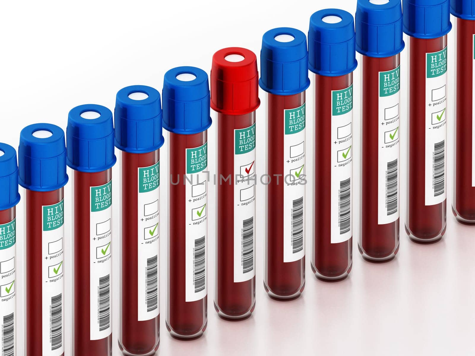 Blood samples in vials with HIV test labels isolated on white background. 3D illustration.
