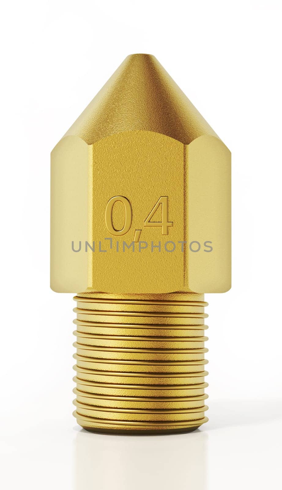 Brass 3D printer nozzle isolated on white background. 3D illustration.