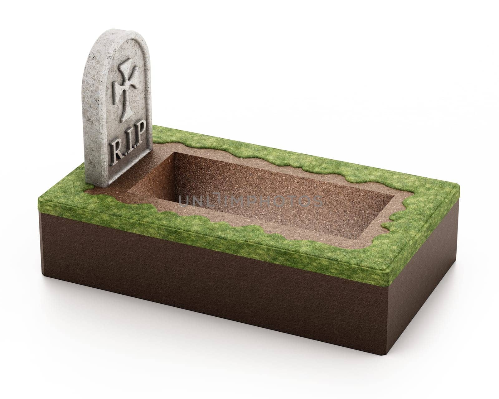Open grave with gravestone isolated on white background. 3D illustration.