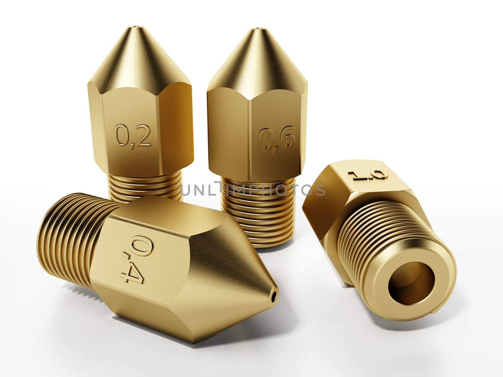 Brass 3D printer nozzles isolated on white background. 3D illustration.