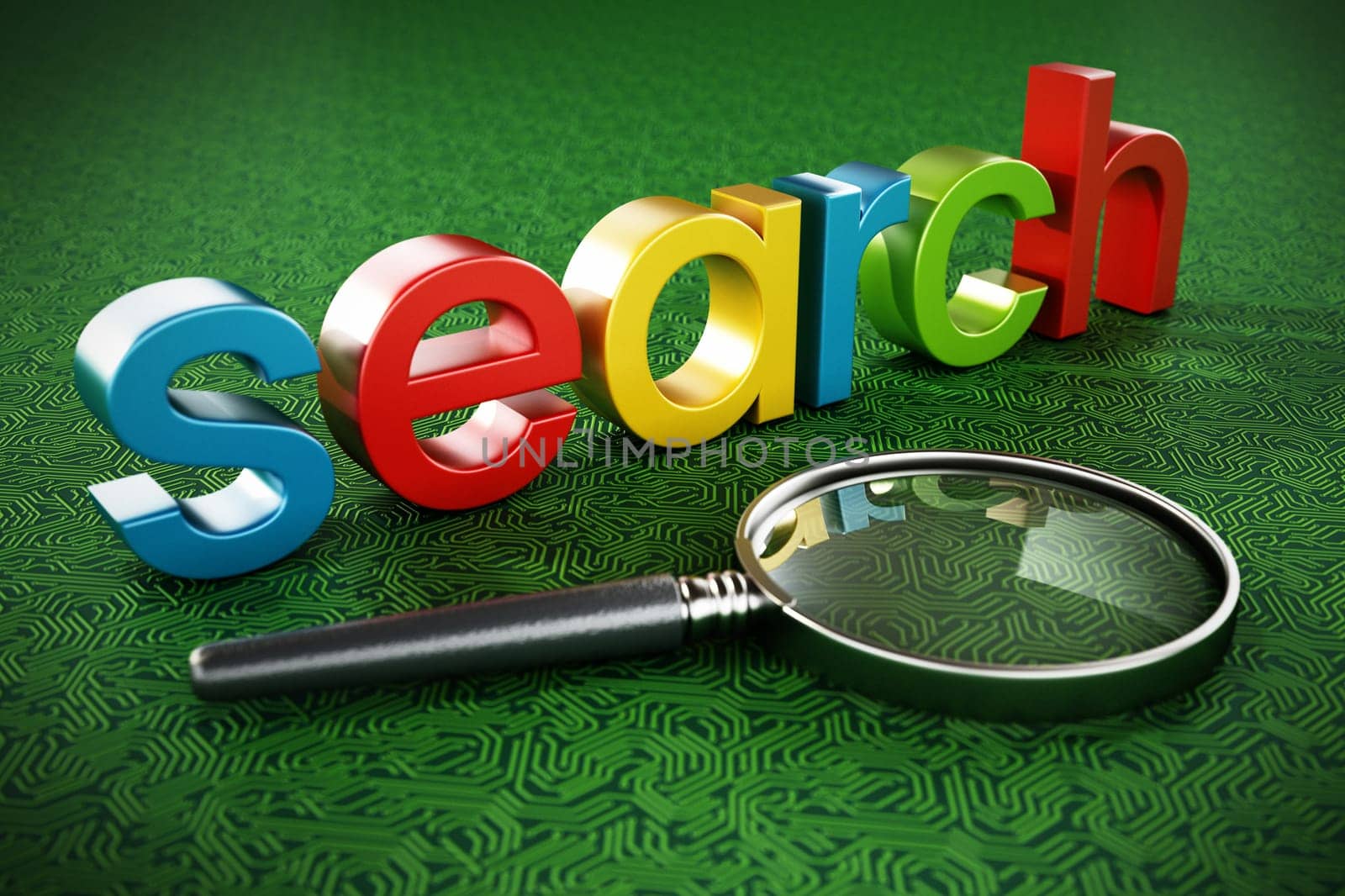 Search engine text and magnifying glass standing on green PCB texture. 3D illustration.