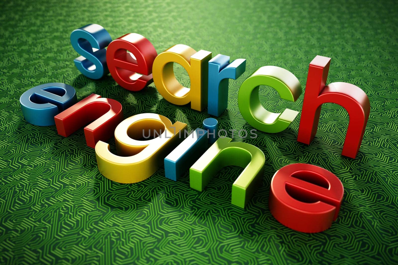 Search engine text standing on green PCB texture. 3D illustration.