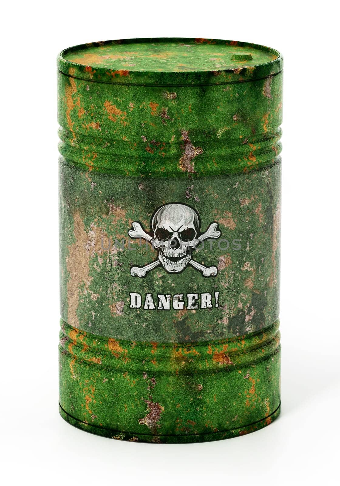 Toxic barrell with skull and bones and danger text. 3D illustration.