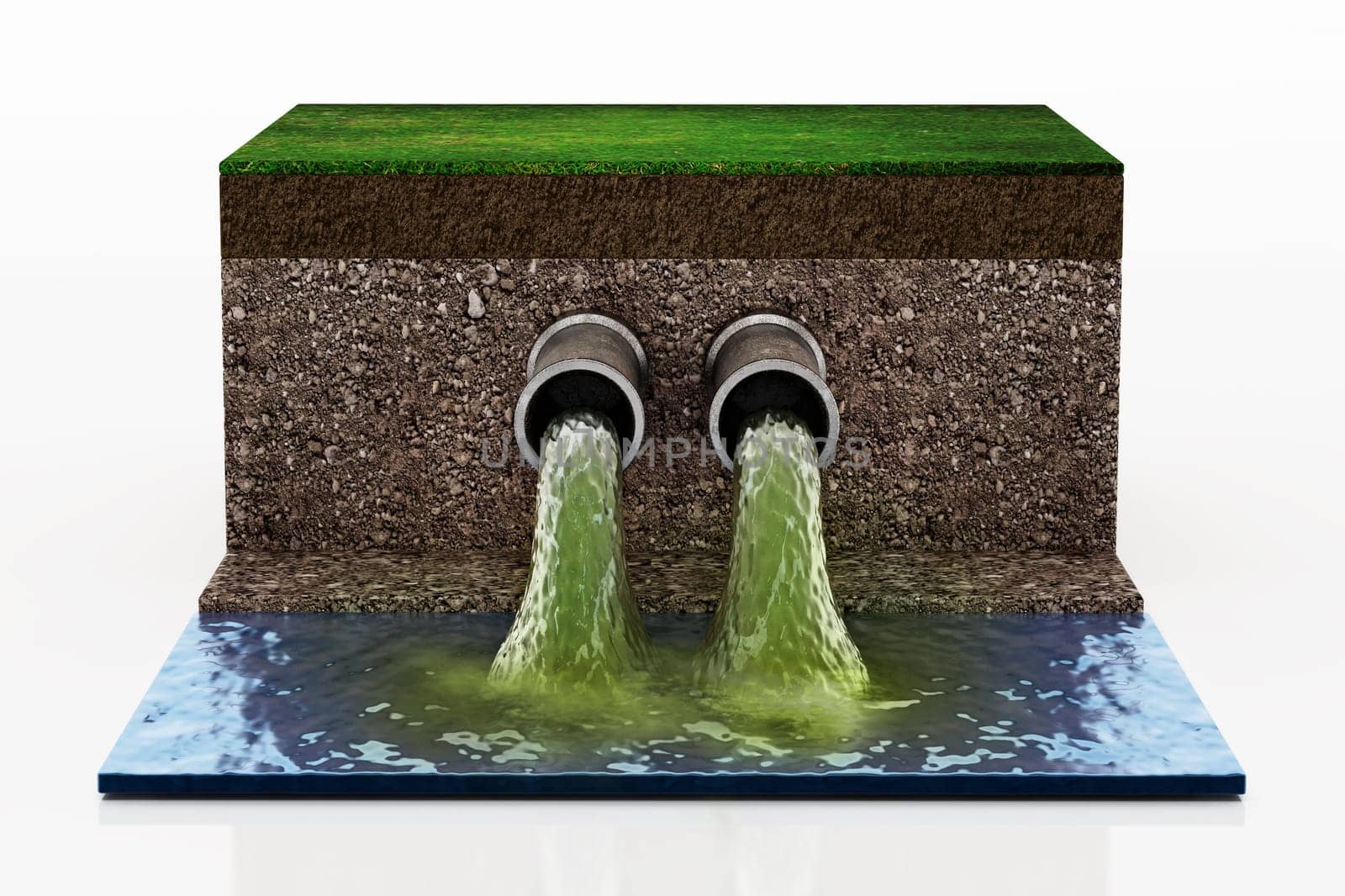 Dirty water pouring into the water from sewer pipes. 3D illustration.
