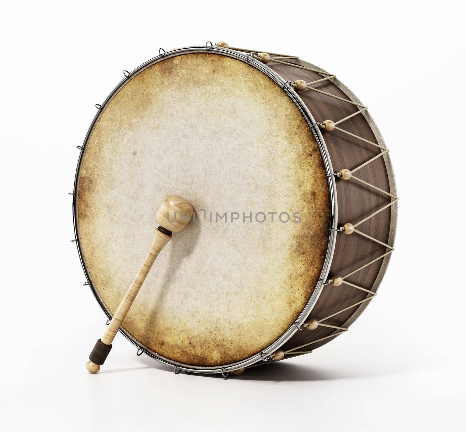 Generic traditional Ramadan drum and stick isolated on white background. 3D illustration.