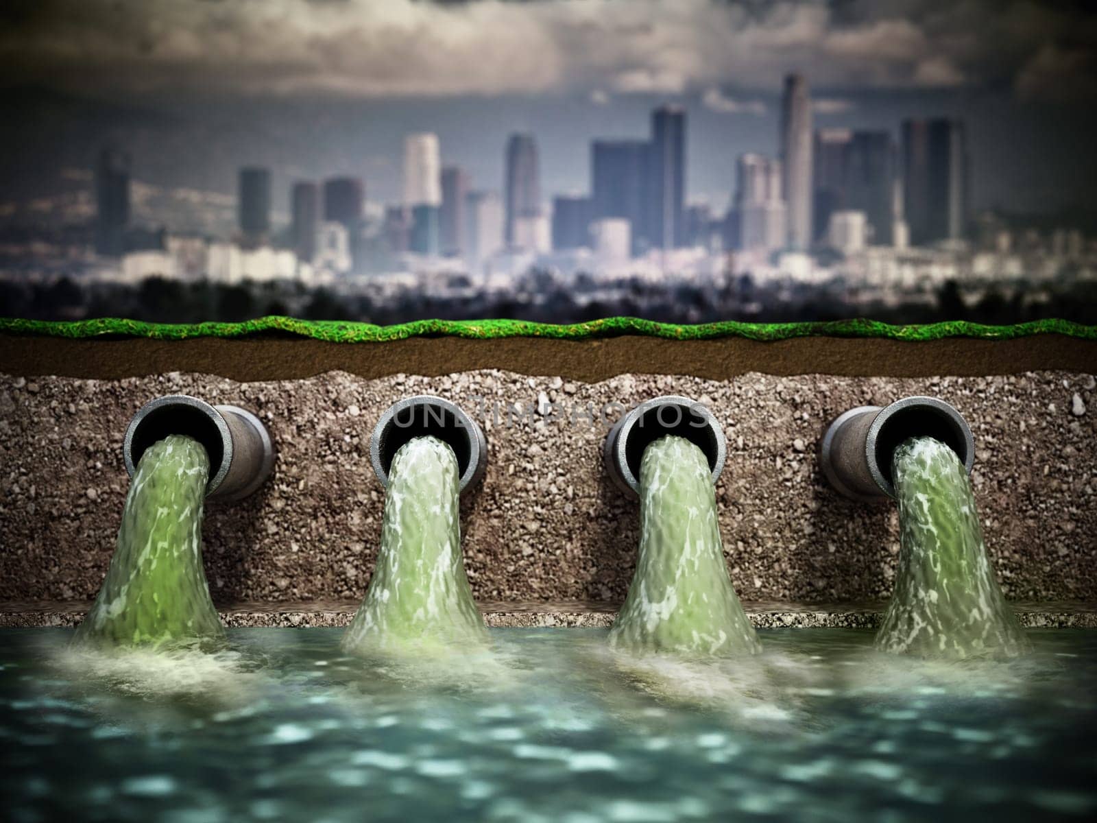 Dirty water pouring into the water from sewer pipes. 3D illustration.