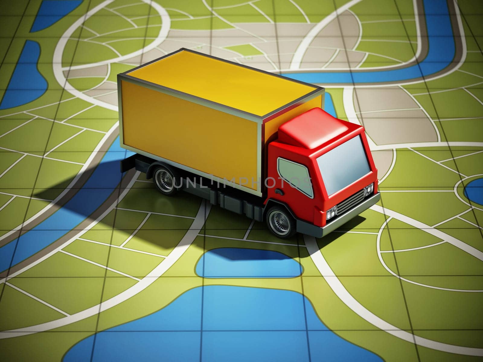Transport van standing on GPS map. 3D illustration.