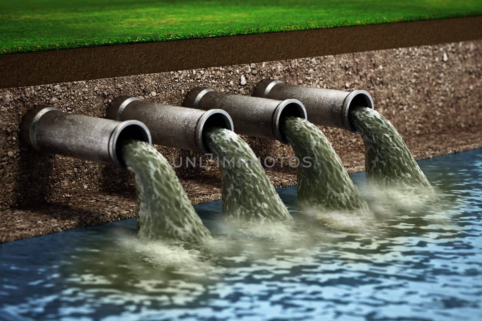 Dirty water pouring into the water from sewer pipes. 3D illustration.