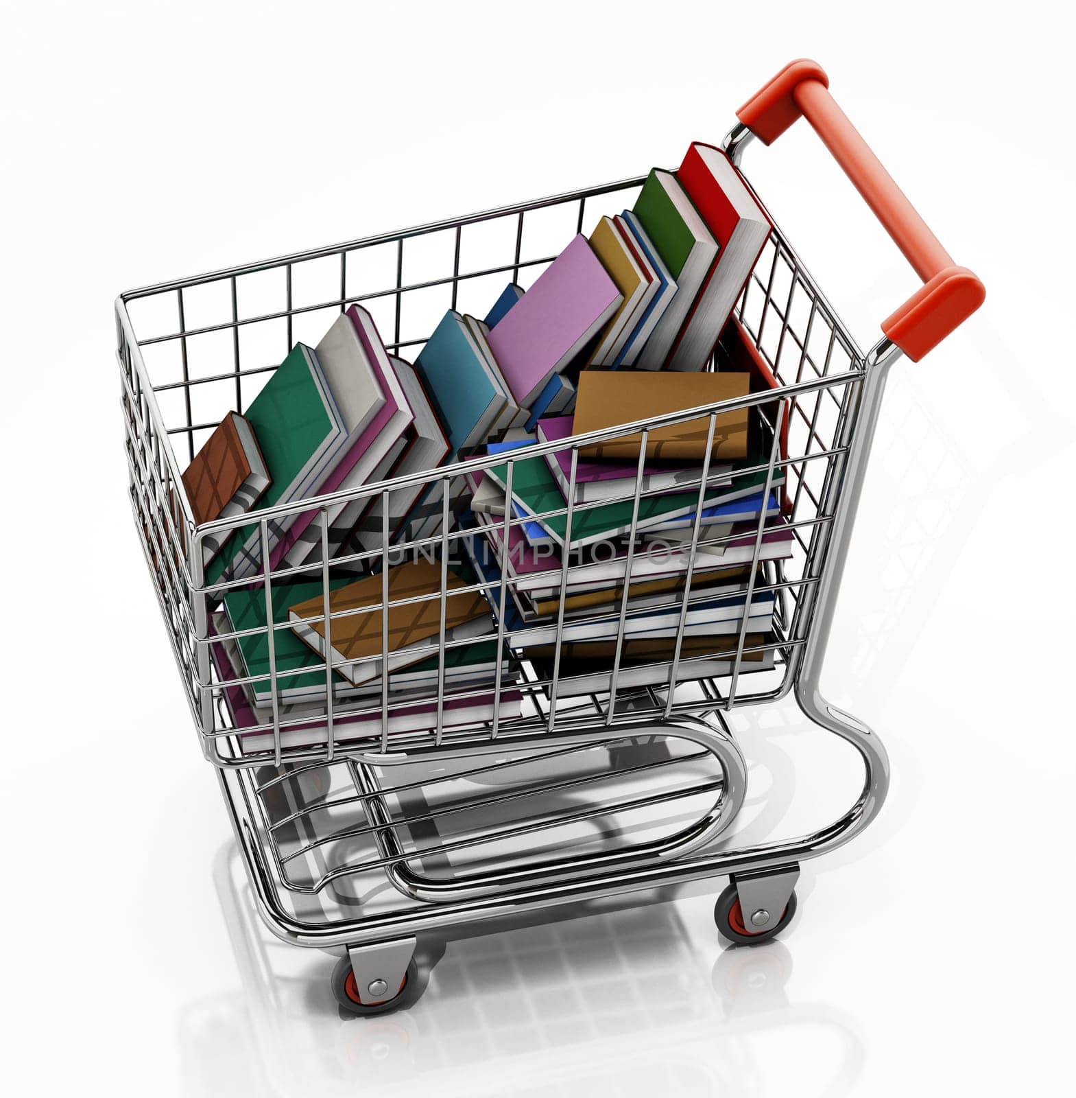 Shopping cart full of books isolated on white background. 3D illustration.