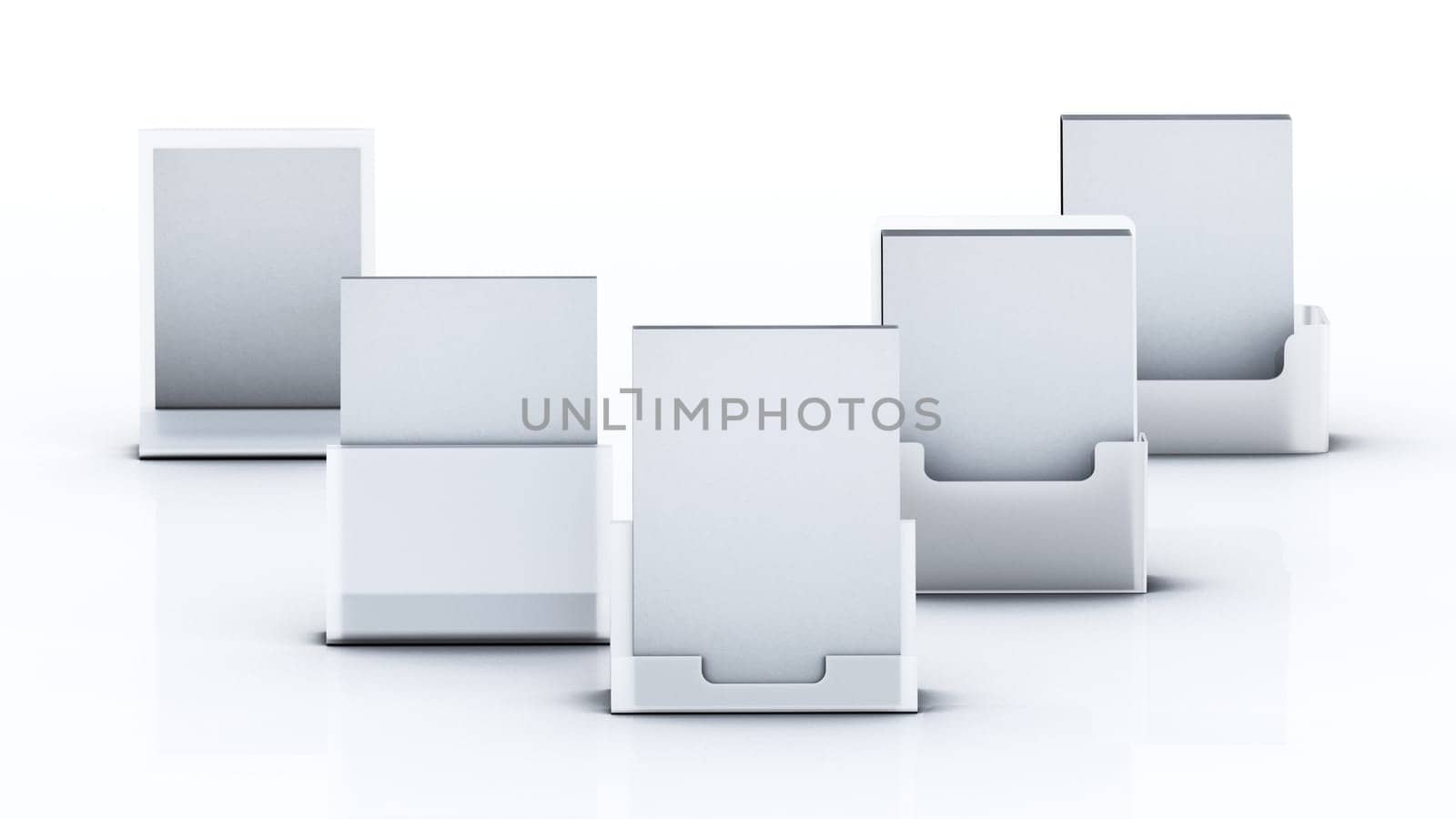 Plexiglass acryclic brochure hoders isolated on white background. 3D illustration.