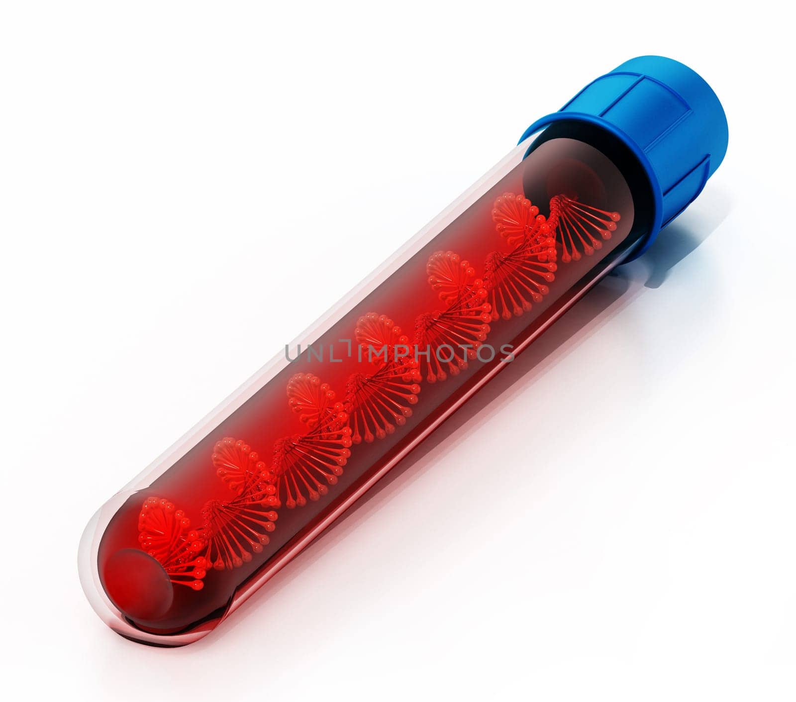 DNA helix inside blood vial isolated on white background. 3D illustration.