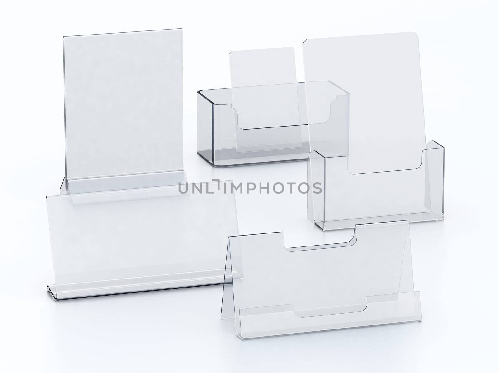 Plexiglass acryclic brochure hoders isolated on white background. 3D illustration.