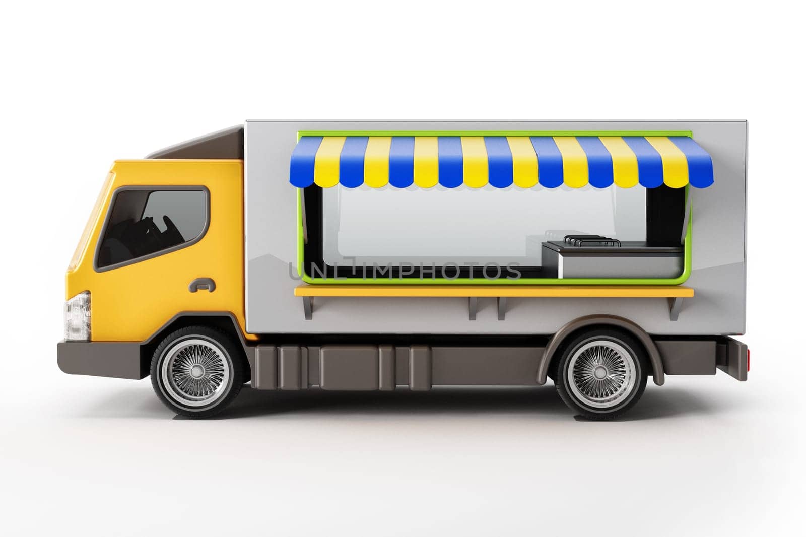 Generic fast food truck isolated on white background. 3D illustration.