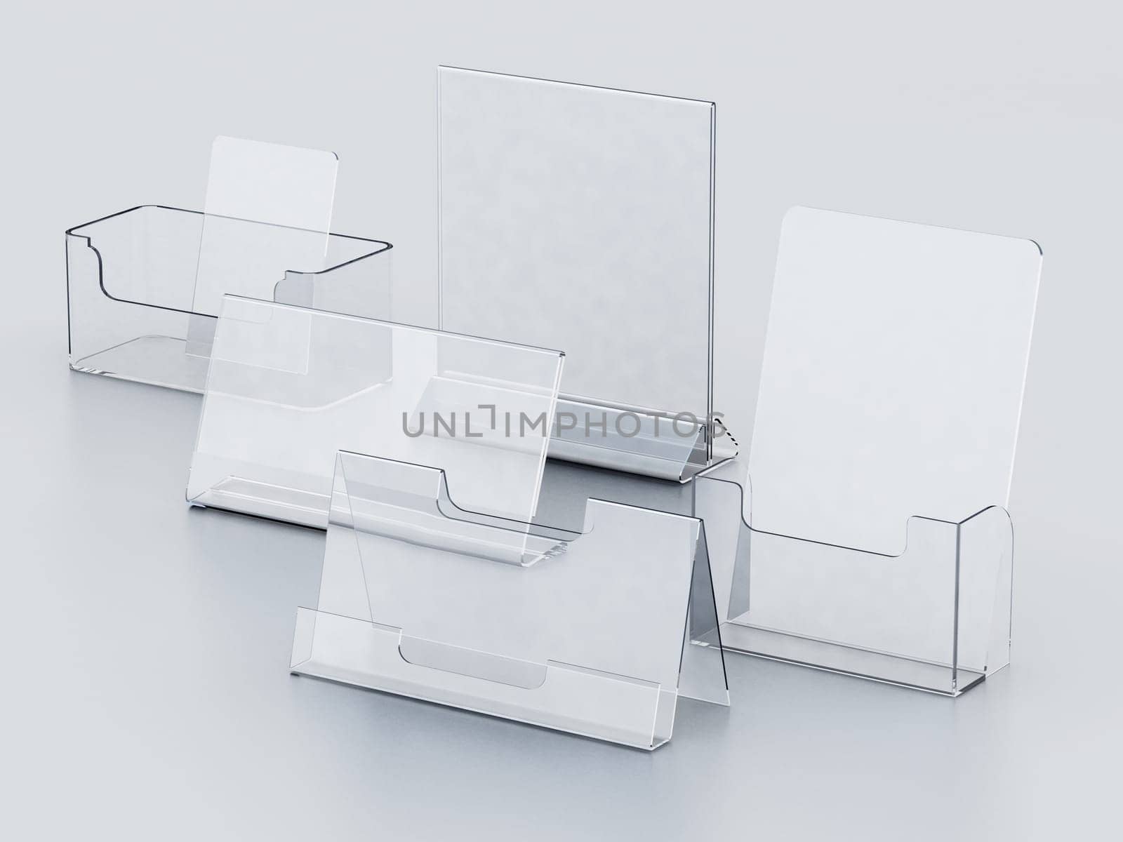 Plexiglass acryclic brochure hoders isolated on white background. 3D illustration.