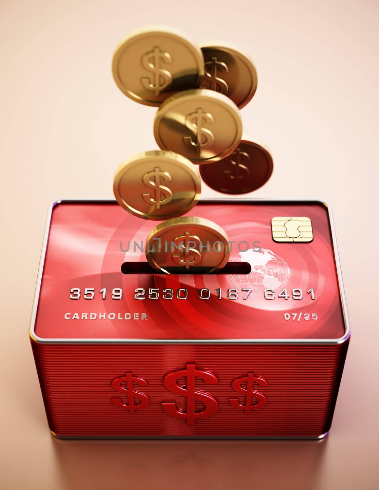 Moneybox with credit card and gold coins. 3D illustration.