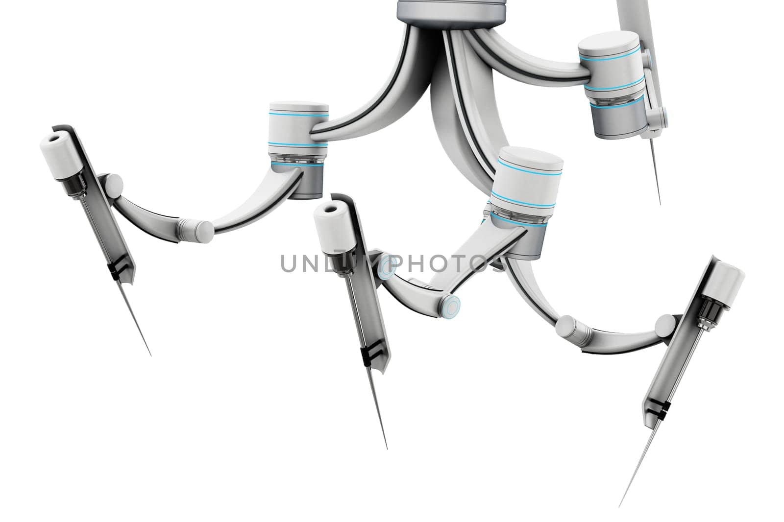 Robotic arms for robotic assisted surgery isolated on white background. 3D illustration.
