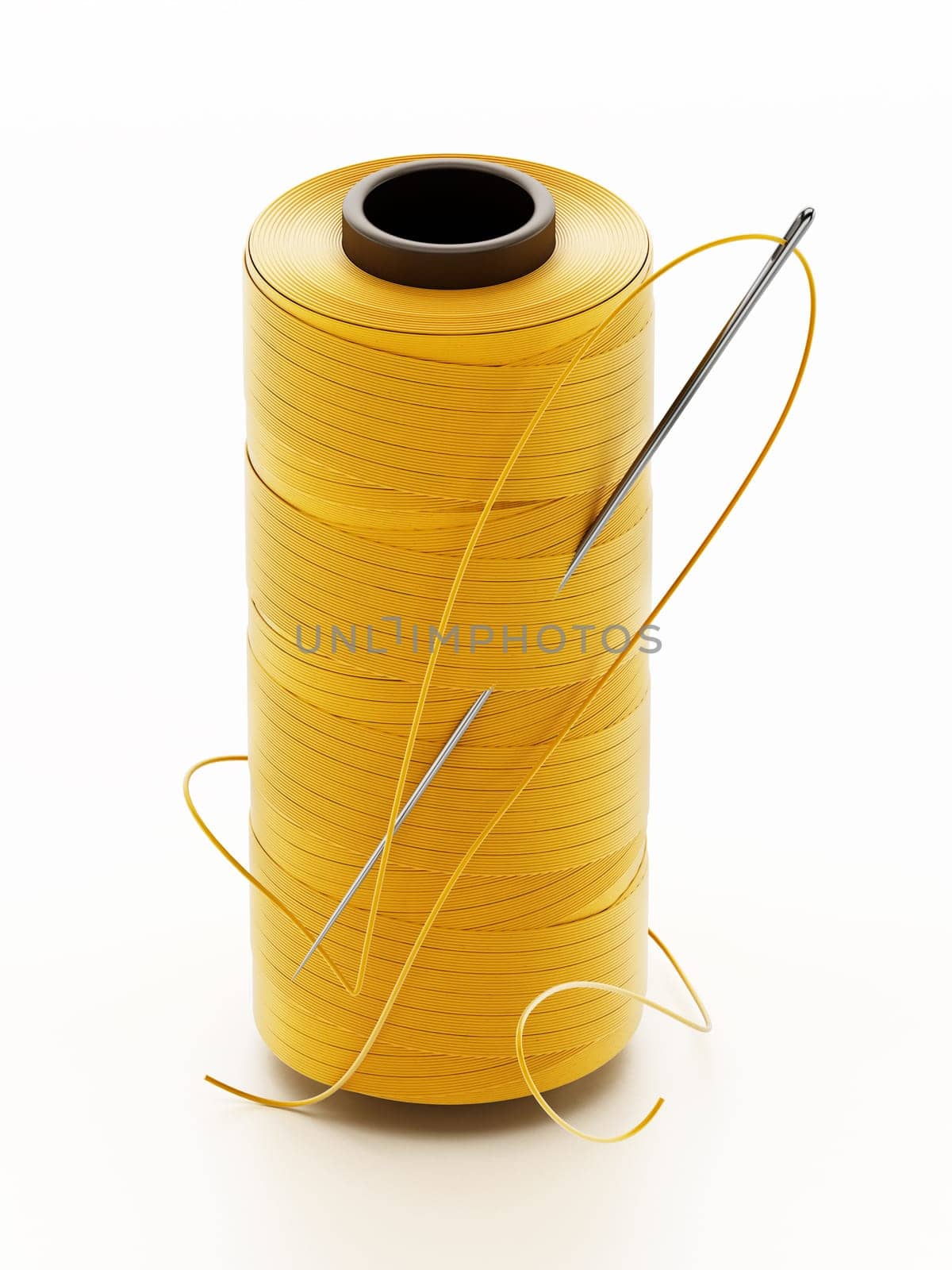 Nylon sewing thread and needle isolated on white background. 3D illustration.