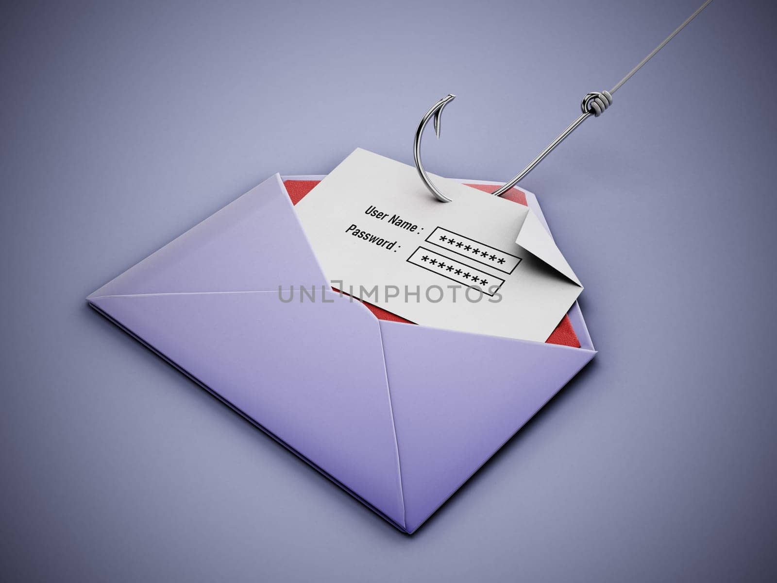 Fish hook stealing user name and password text areas on paper inside an enveloppe. 3D illustration.
