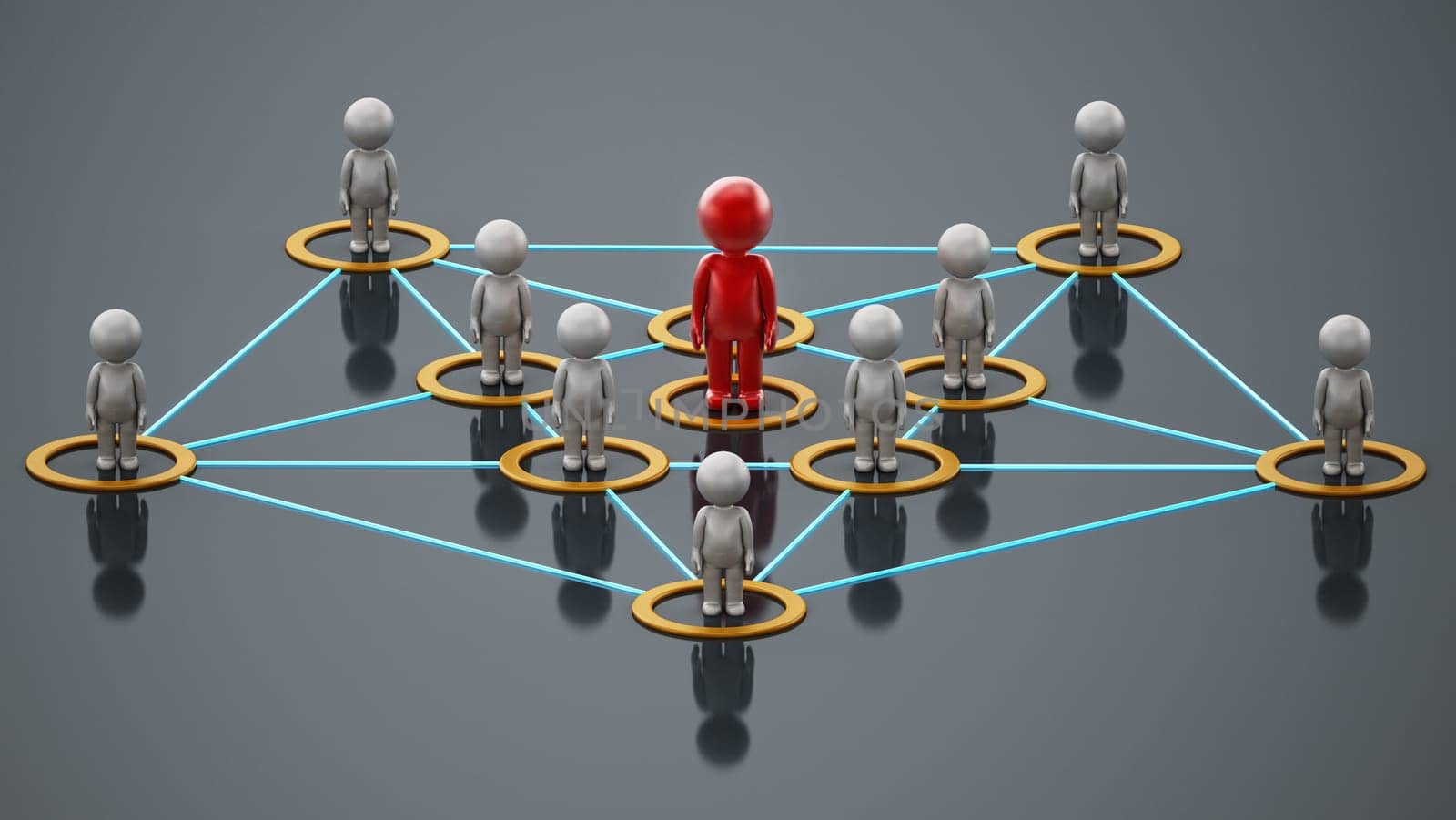 3D simplistic characters linked to each other with a red figure at the center. Business network concept. 3D illustration.