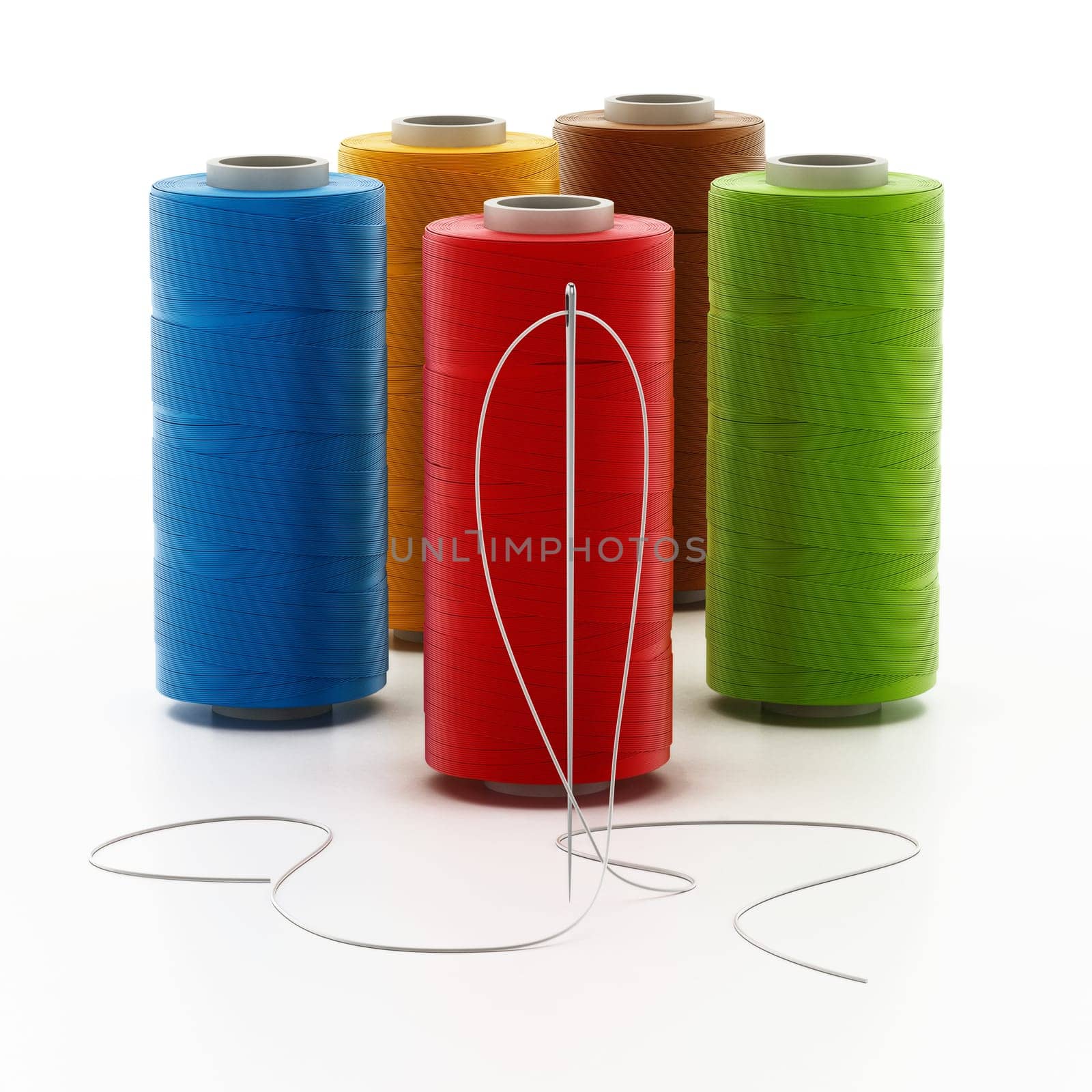 Nylon sewing threads and needle isolated on white background. 3D illustration.