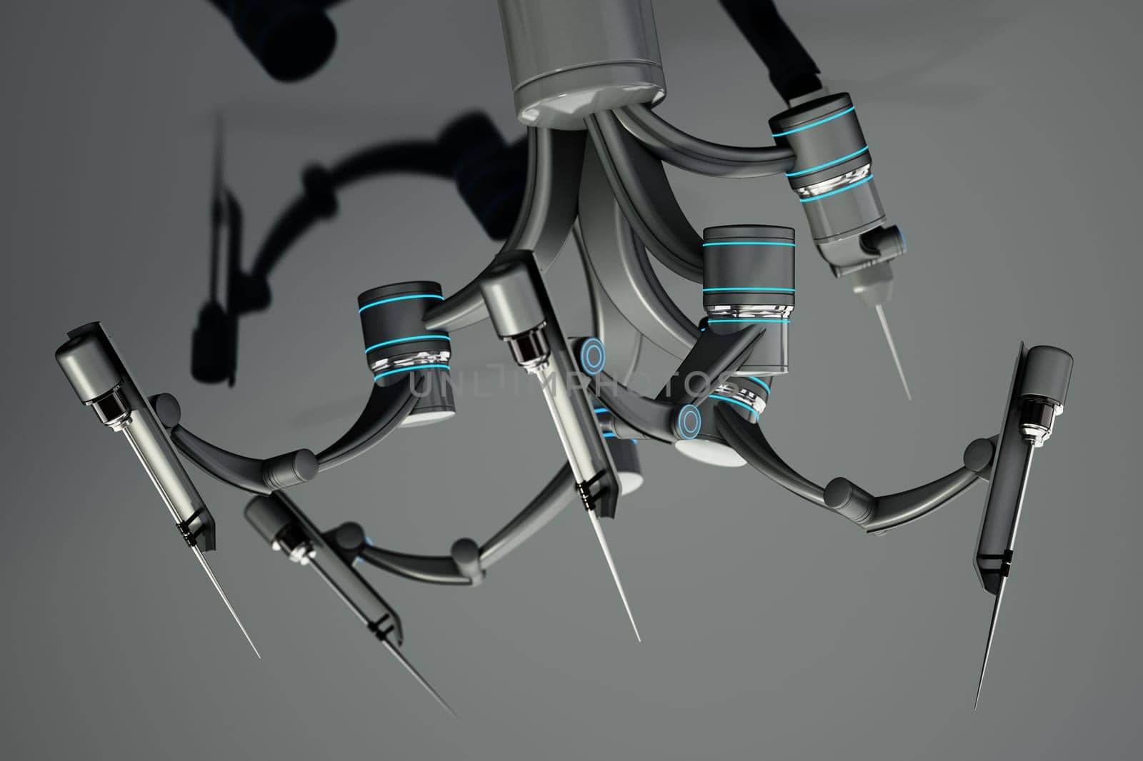 Robotic arms for robotic assisted surgery isolated on gray background. 3D illustration.