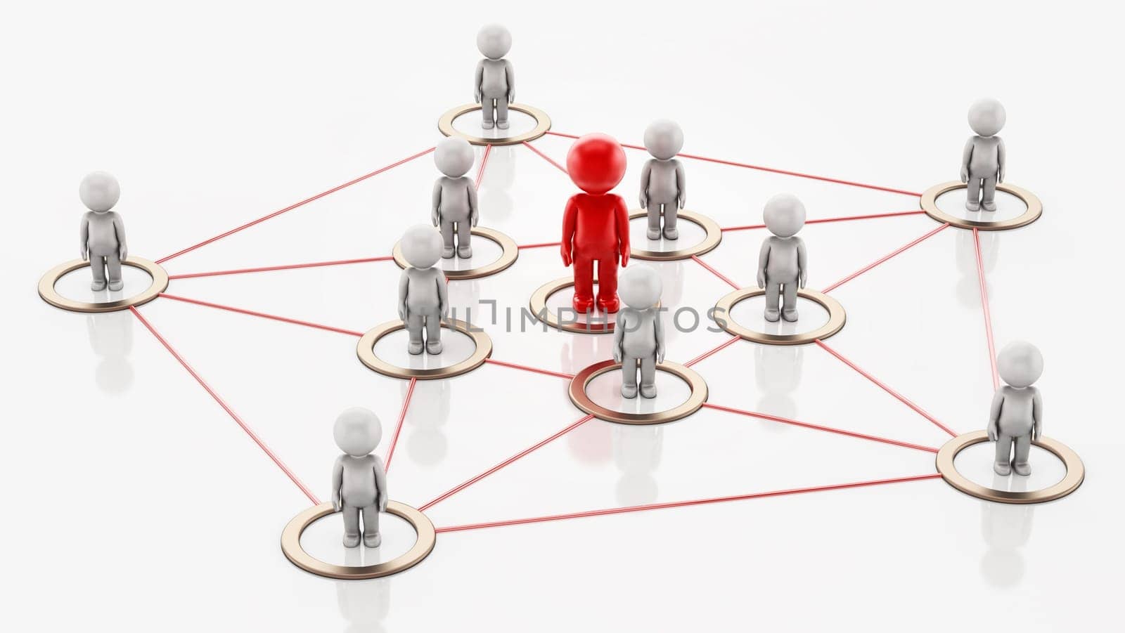 3D simplistic characters linked to each other with a red figure at the center. Business network concept. 3D illustration.